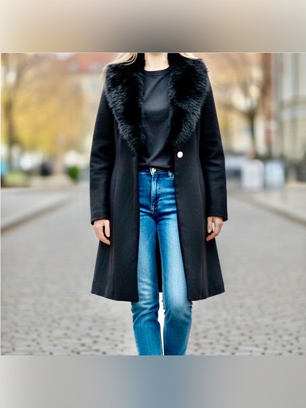 Vegan Black Coat with Faux Fur Collar